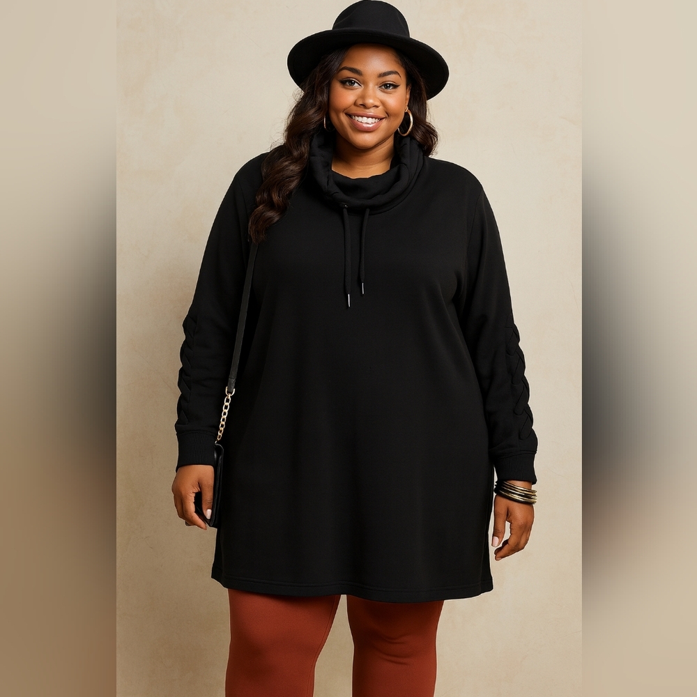 @) The Sweatshirt Project Plus Size 3X Black Cowl Neck Lace-Up Sleeve Pullover